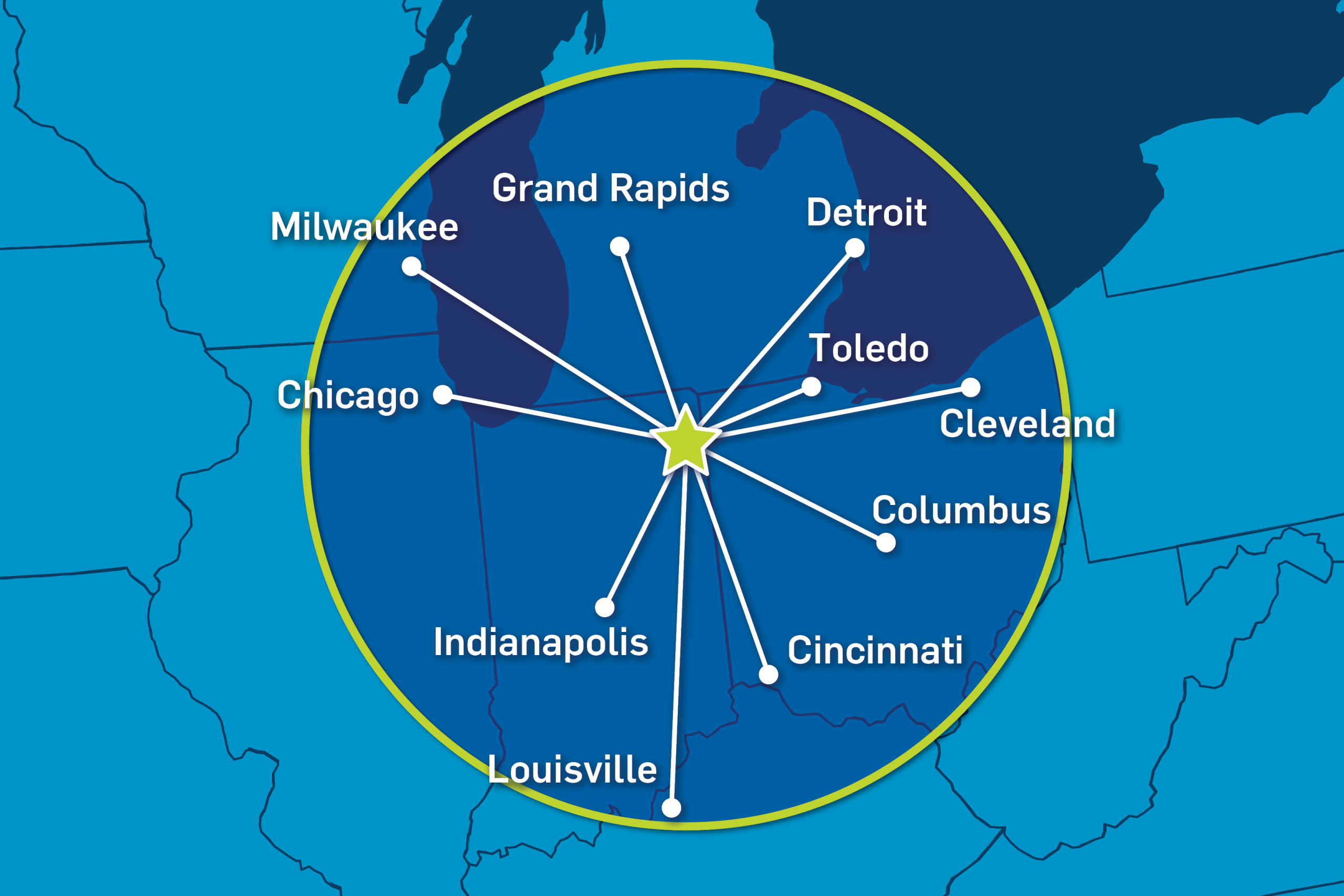 200-Mile Radius Map of Major U.S. Metros surrounding Allen County