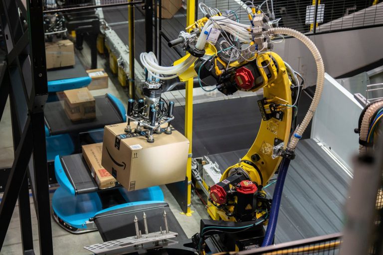 robotic sorting system at Amazon FWA6 fulfillment center in Fort Wayne, Indiana